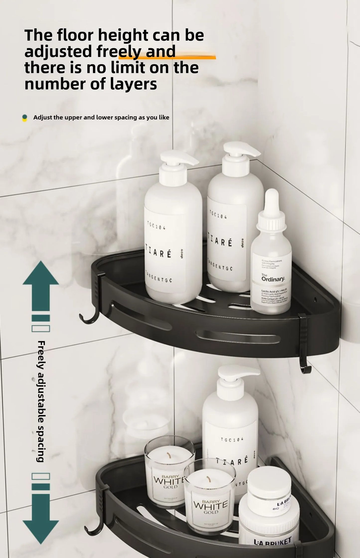Étagère de douche adhésive sans perçage (lot 1–3) – Organisateur mural étanche pour shampoings et serviettes